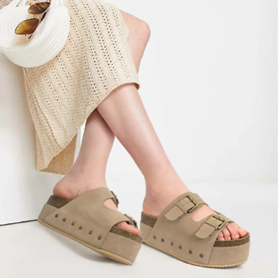 MICIFA Women's Suede Platform Sandals Cork Buckled Band Platform Sandals Clogs Slip On Flatform Slides Shoes