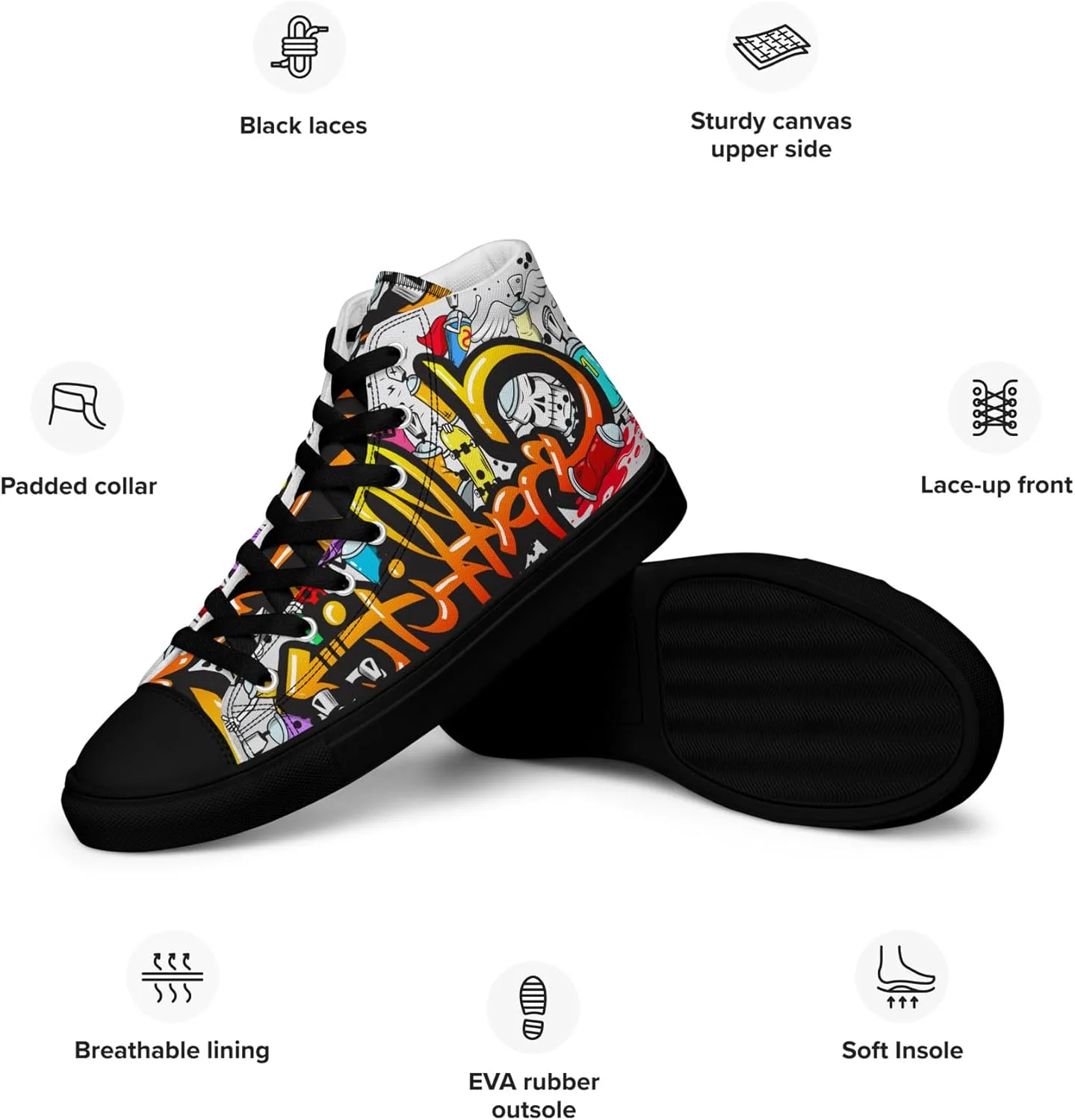 MindDesignStore Original - Men's High Top Canvas Graffiti Shoes, Casual Urban Style, 100% Polyester, Breathable Lining, Lace-Up, Shoes White/Black