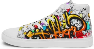 MindDesignStore Original - Men's High Top Canvas Graffiti Shoes, Casual Urban Style, 100% Polyester, Breathable Lining, Lace-Up, Shoes White/Black