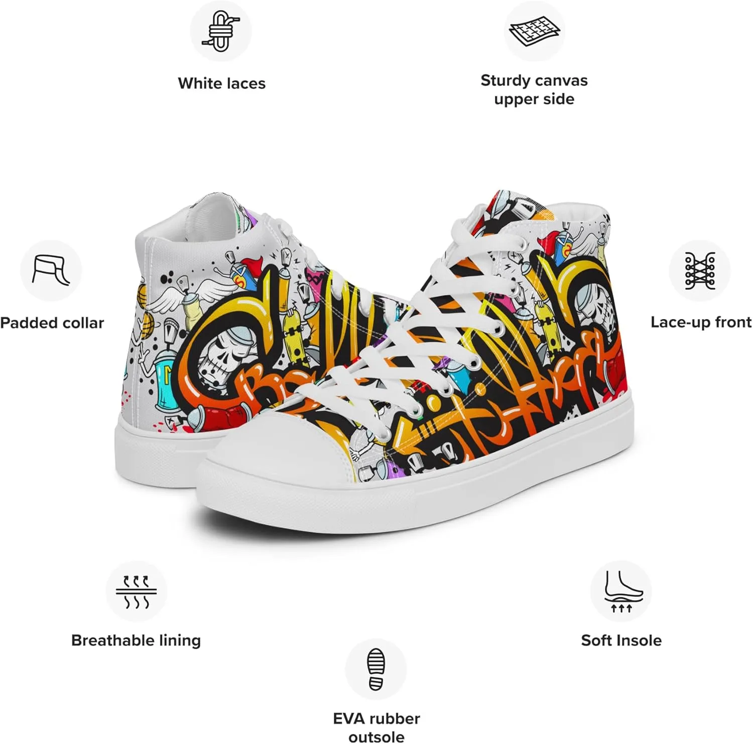 MindDesignStore Original - Men's High Top Canvas Graffiti Shoes, Casual Urban Style, 100% Polyester, Breathable Lining, Lace-Up, Shoes White/Black