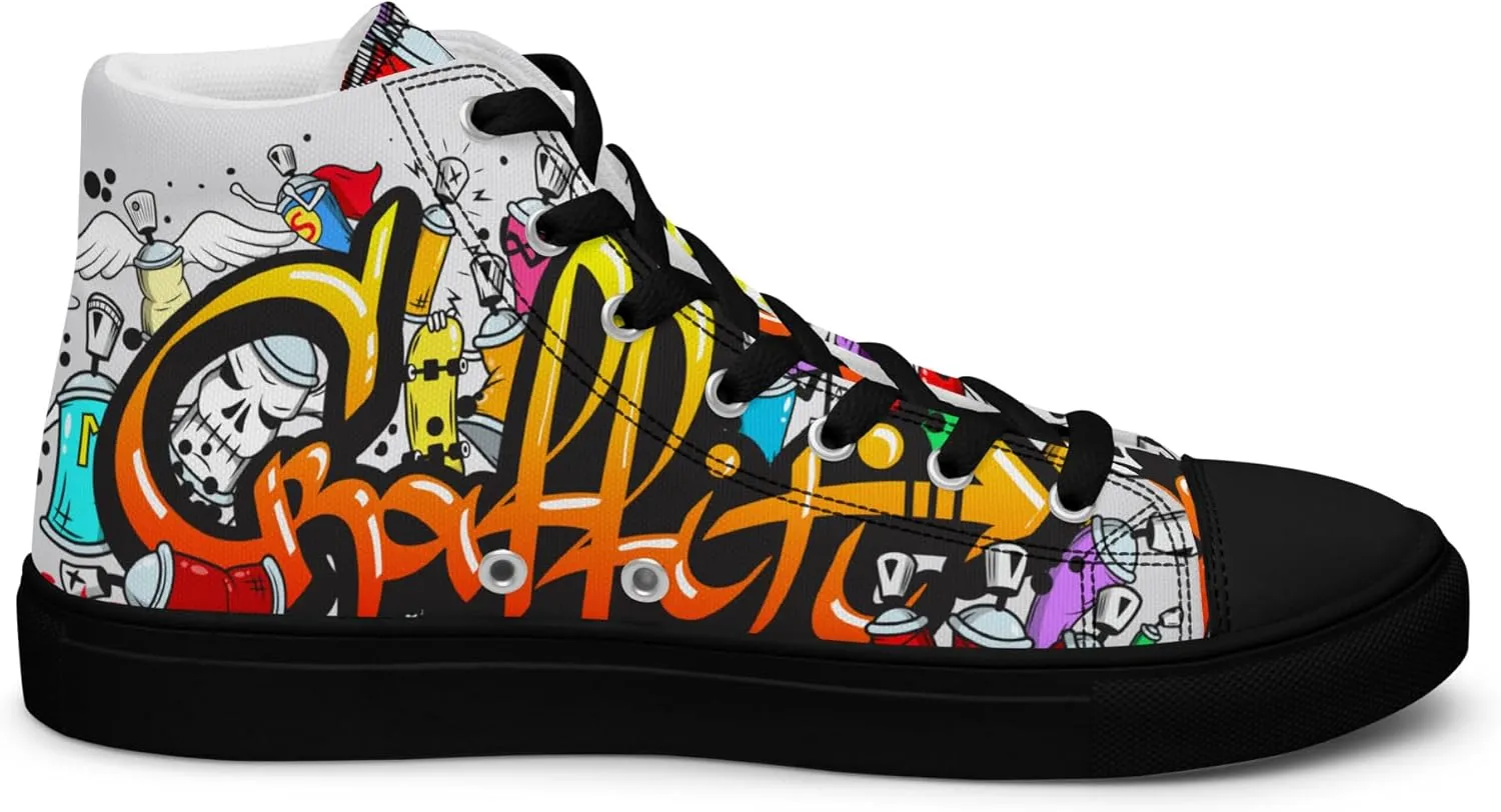 MindDesignStore Original - Men's High Top Canvas Graffiti Shoes, Casual Urban Style, 100% Polyester, Breathable Lining, Lace-Up, Shoes White/Black
