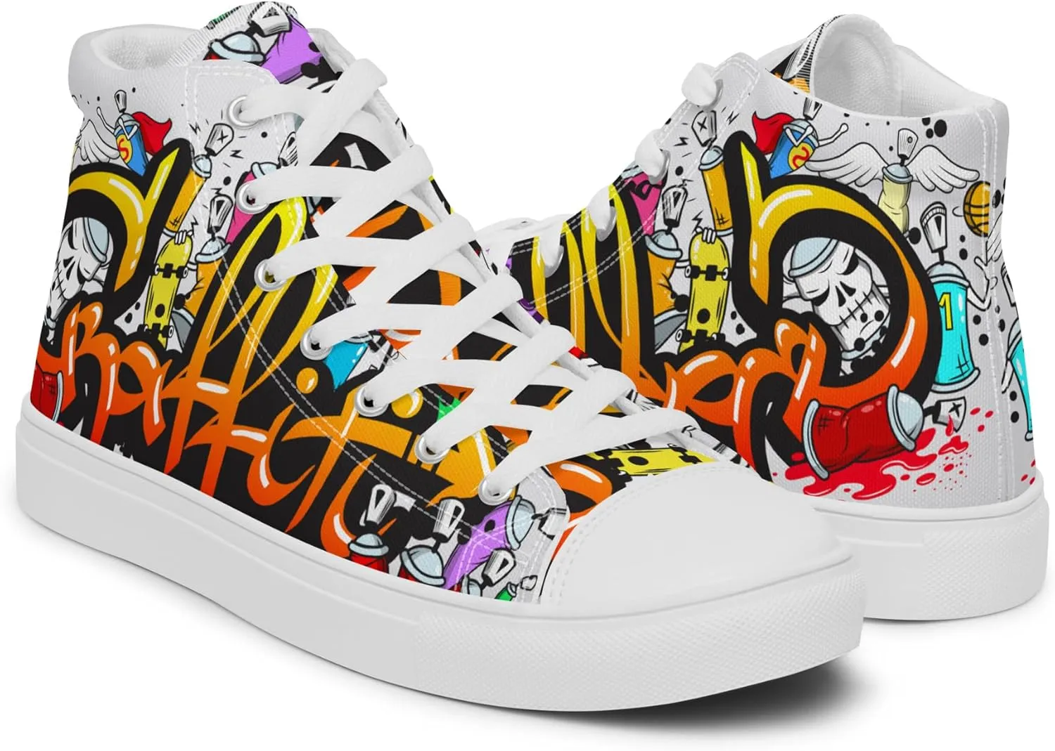 MindDesignStore Original - Men's High Top Canvas Graffiti Shoes, Casual Urban Style, 100% Polyester, Breathable Lining, Lace-Up, Shoes White/Black