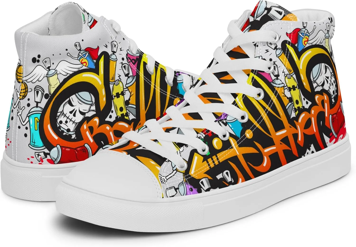 MindDesignStore Original - Men's High Top Canvas Graffiti Shoes, Casual Urban Style, 100% Polyester, Breathable Lining, Lace-Up, Shoes White/Black