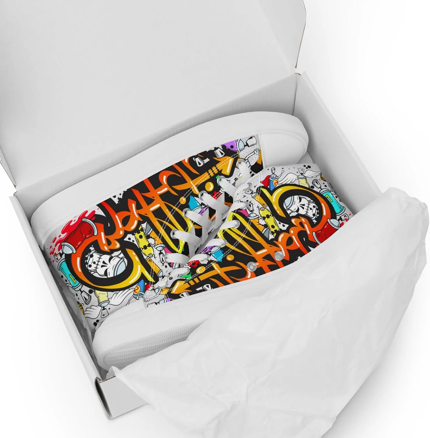 MindDesignStore Original - Men's High Top Canvas Graffiti Shoes, Casual Urban Style, 100% Polyester, Breathable Lining, Lace-Up, Shoes White/Black