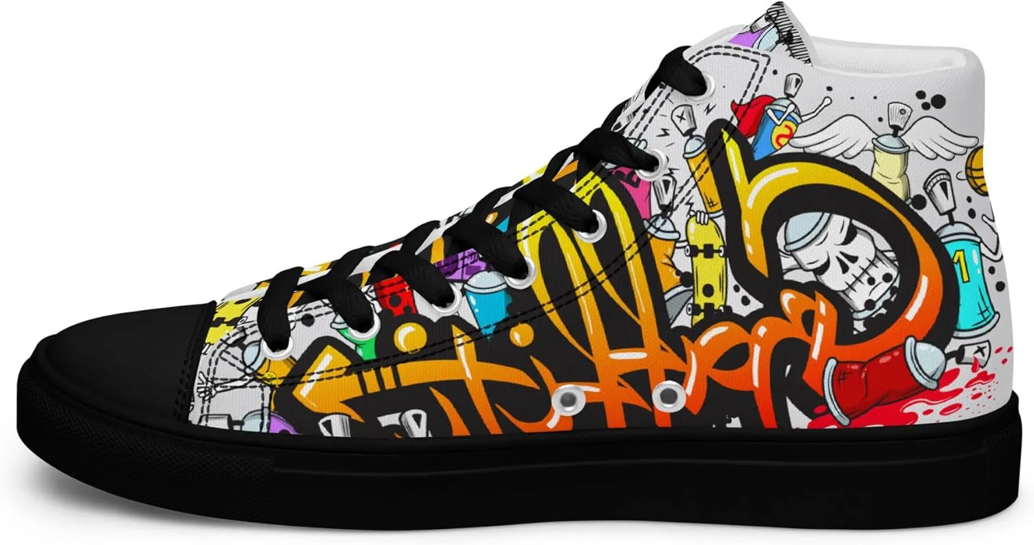 MindDesignStore Original - Men's High Top Canvas Graffiti Shoes, Casual Urban Style, 100% Polyester, Breathable Lining, Lace-Up, Shoes White/Black