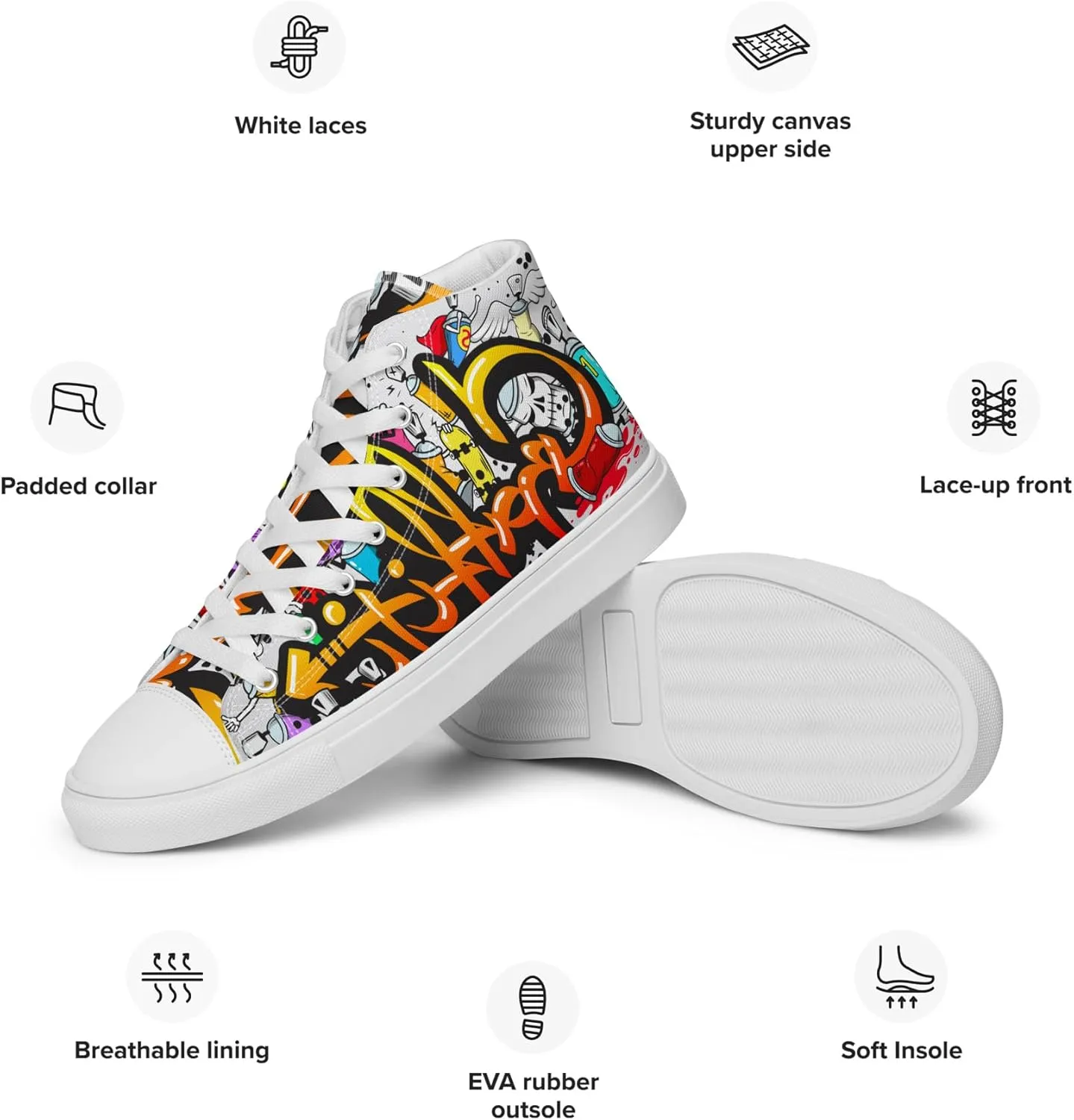 MindDesignStore Original - Men's High Top Canvas Graffiti Shoes, Casual Urban Style, 100% Polyester, Breathable Lining, Lace-Up, Shoes White/Black