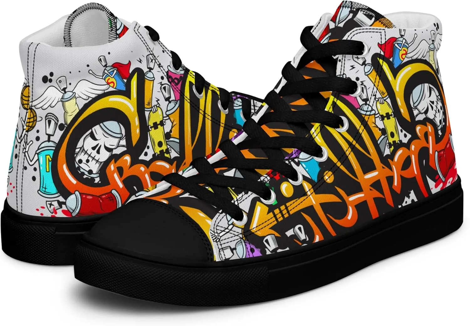 MindDesignStore Original - Men's High Top Canvas Graffiti Shoes, Casual Urban Style, 100% Polyester, Breathable Lining, Lace-Up, Shoes White/Black