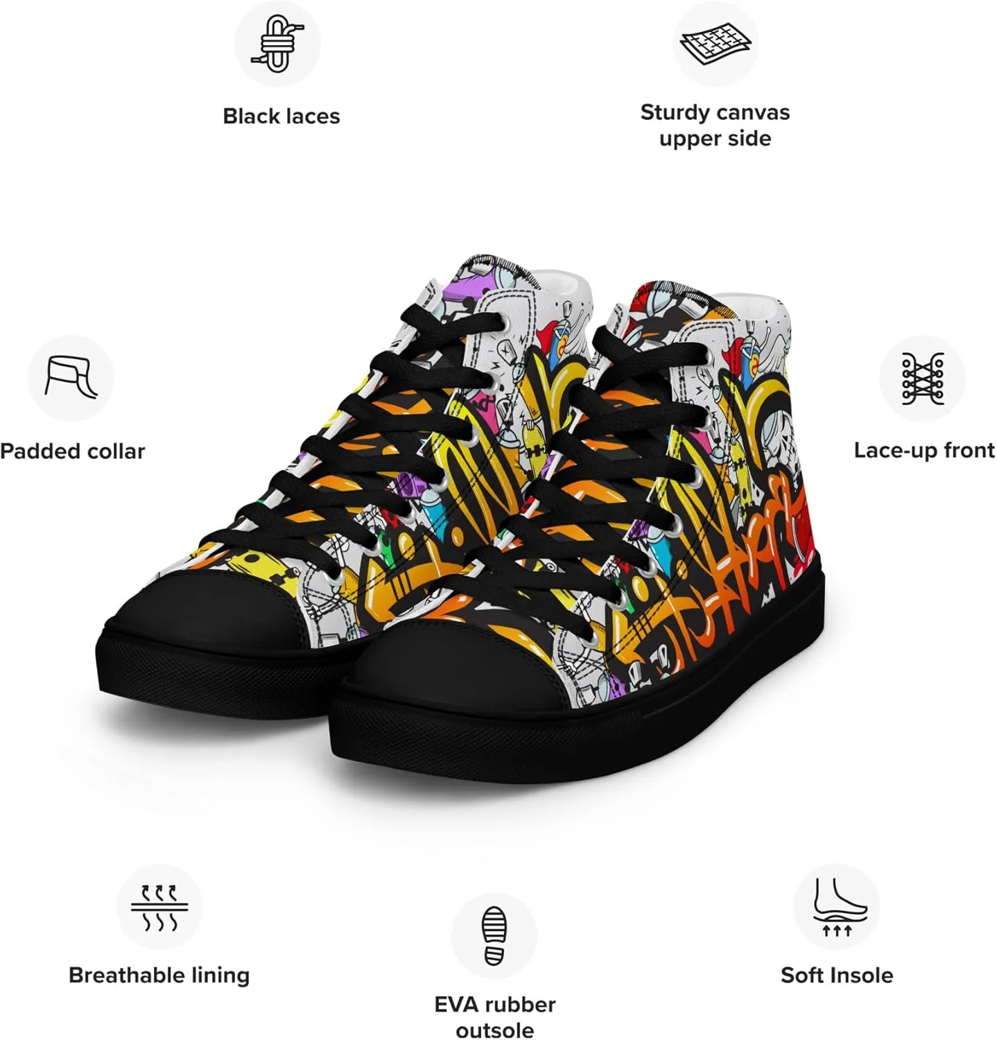 MindDesignStore Original - Men's High Top Canvas Graffiti Shoes, Casual Urban Style, 100% Polyester, Breathable Lining, Lace-Up, Shoes White/Black