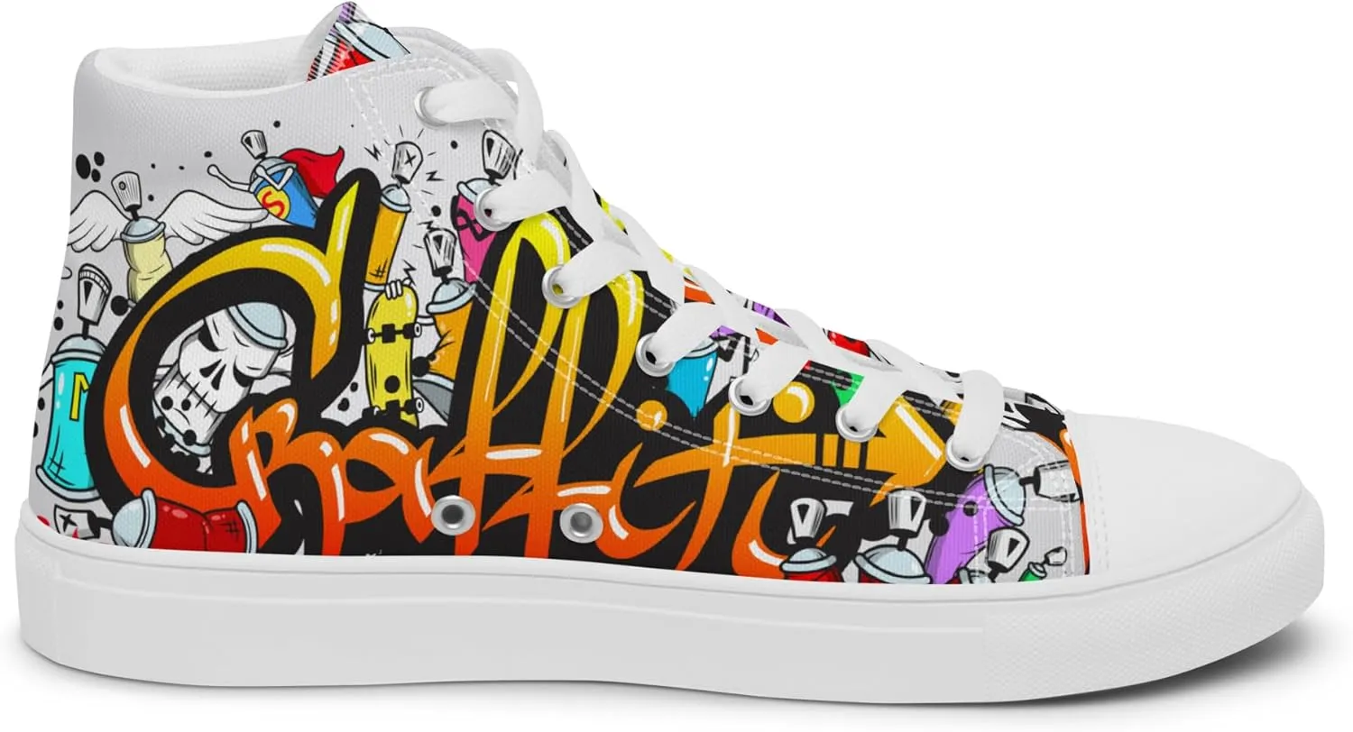 MindDesignStore Original - Men's High Top Canvas Graffiti Shoes, Casual Urban Style, 100% Polyester, Breathable Lining, Lace-Up, Shoes White/Black