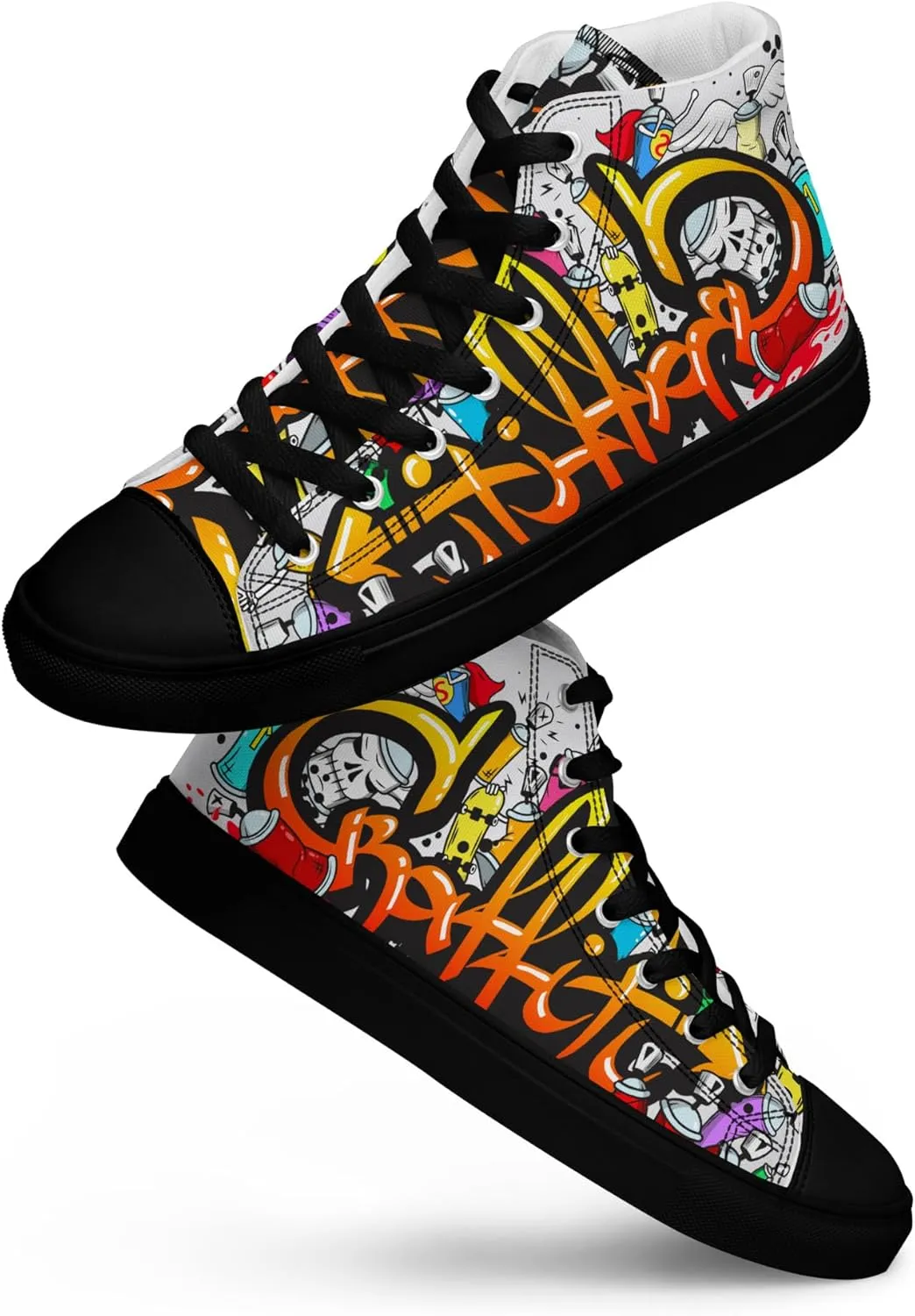 MindDesignStore Original - Men's High Top Canvas Graffiti Shoes, Casual Urban Style, 100% Polyester, Breathable Lining, Lace-Up, Shoes White/Black