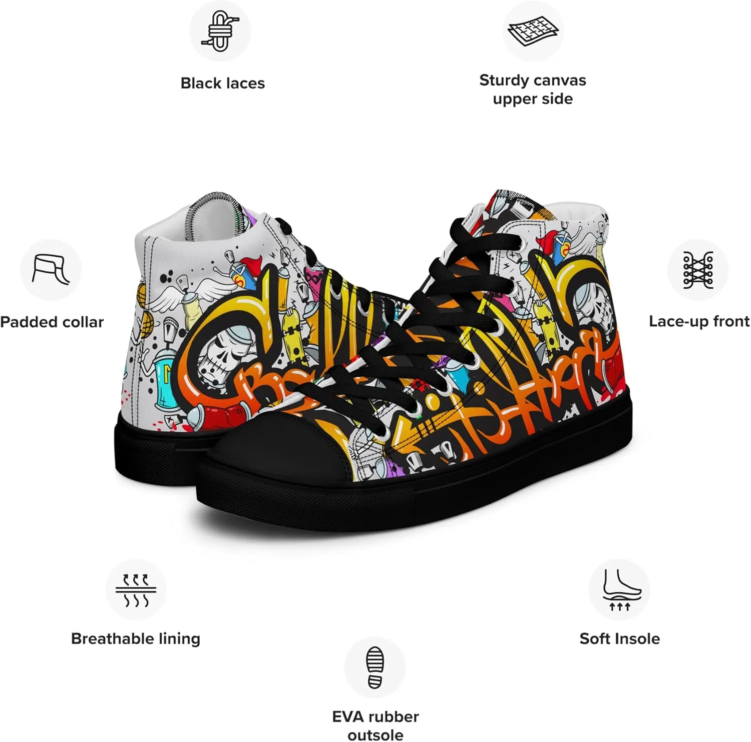 MindDesignStore Original - Men's High Top Canvas Graffiti Shoes, Casual Urban Style, 100% Polyester, Breathable Lining, Lace-Up, Shoes White/Black