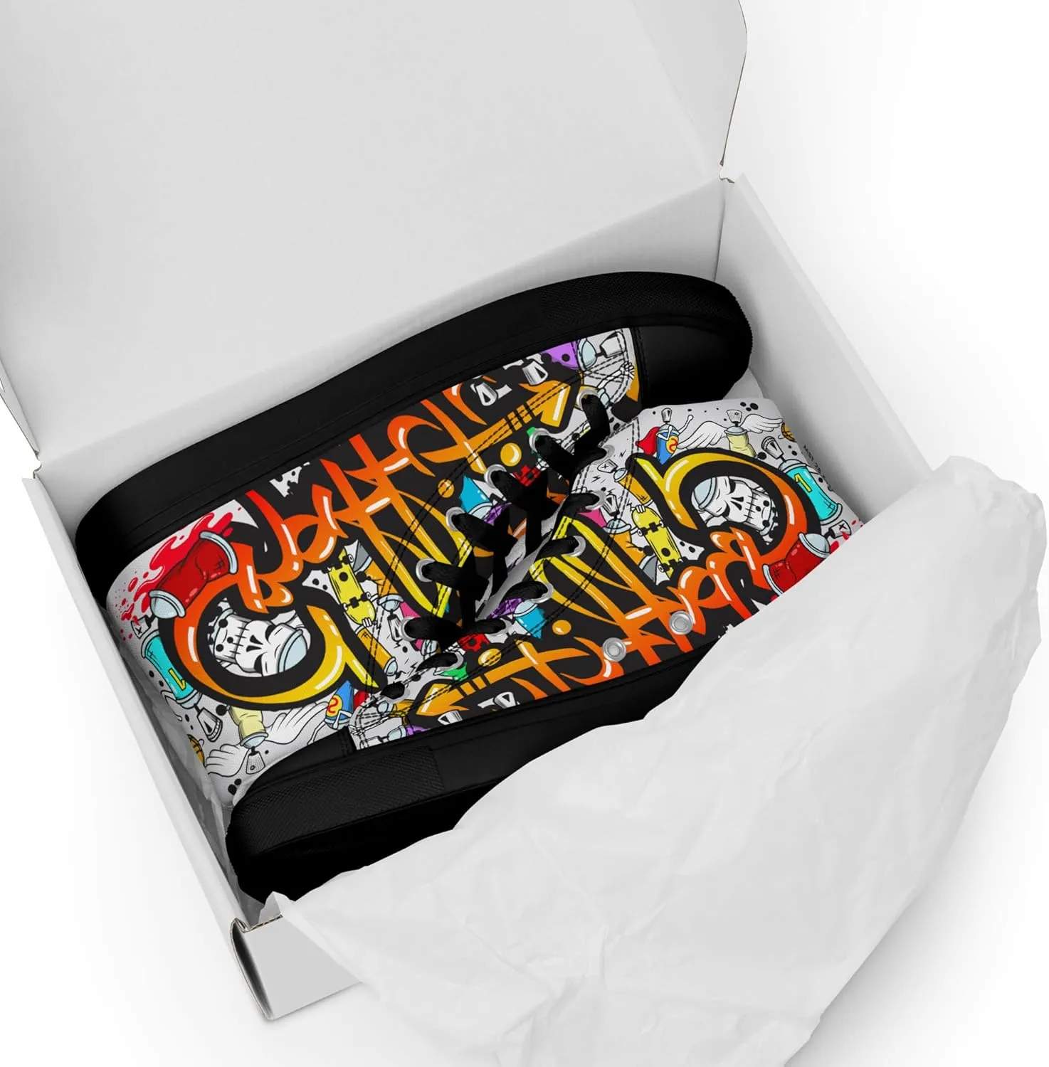 MindDesignStore Original - Men's High Top Canvas Graffiti Shoes, Casual Urban Style, 100% Polyester, Breathable Lining, Lace-Up, Shoes White/Black