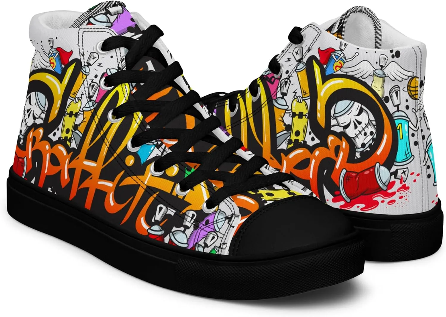 MindDesignStore Original - Men's High Top Canvas Graffiti Shoes, Casual Urban Style, 100% Polyester, Breathable Lining, Lace-Up, Shoes White/Black