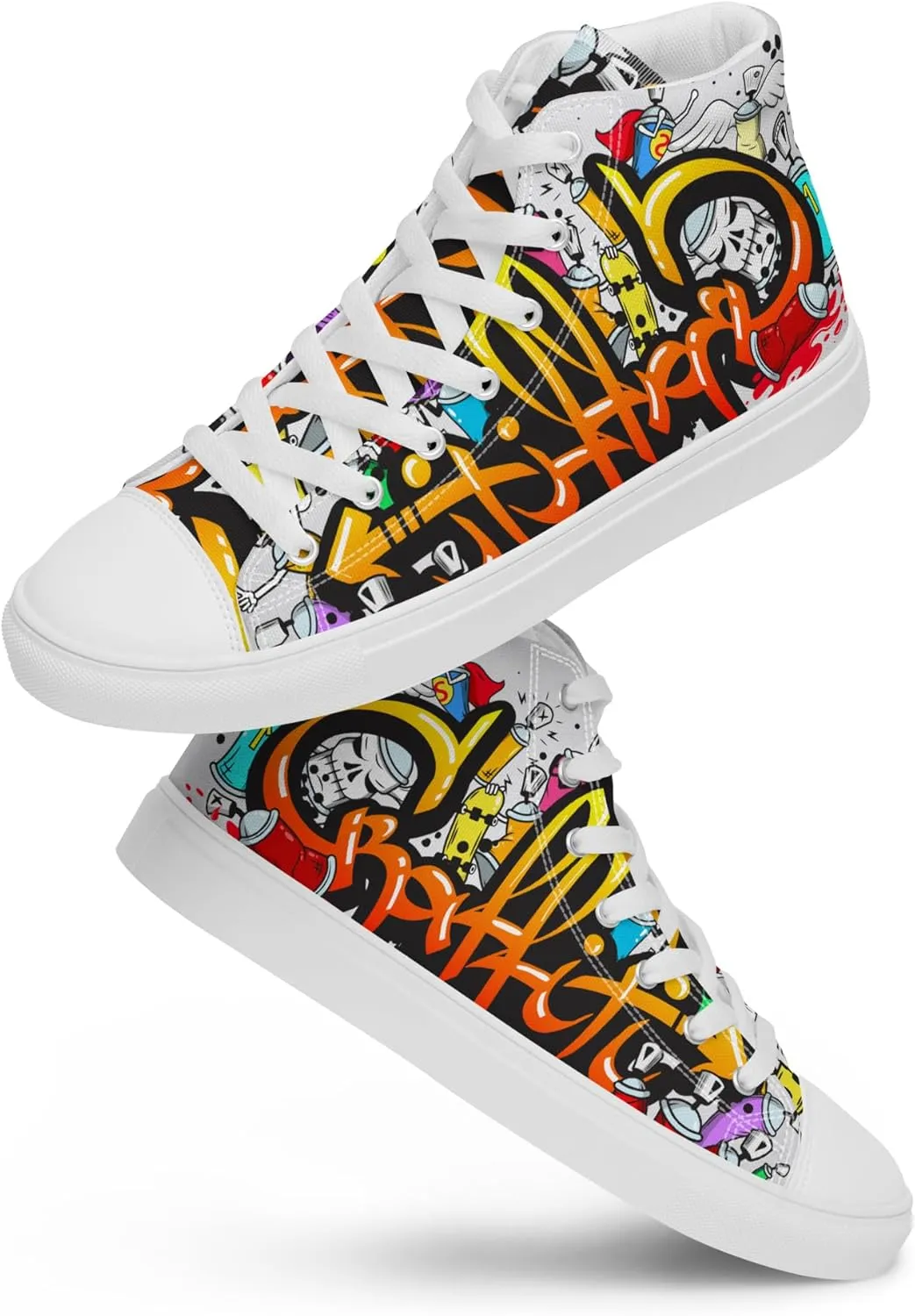 MindDesignStore Original - Men's High Top Canvas Graffiti Shoes, Casual Urban Style, 100% Polyester, Breathable Lining, Lace-Up, Shoes White/Black