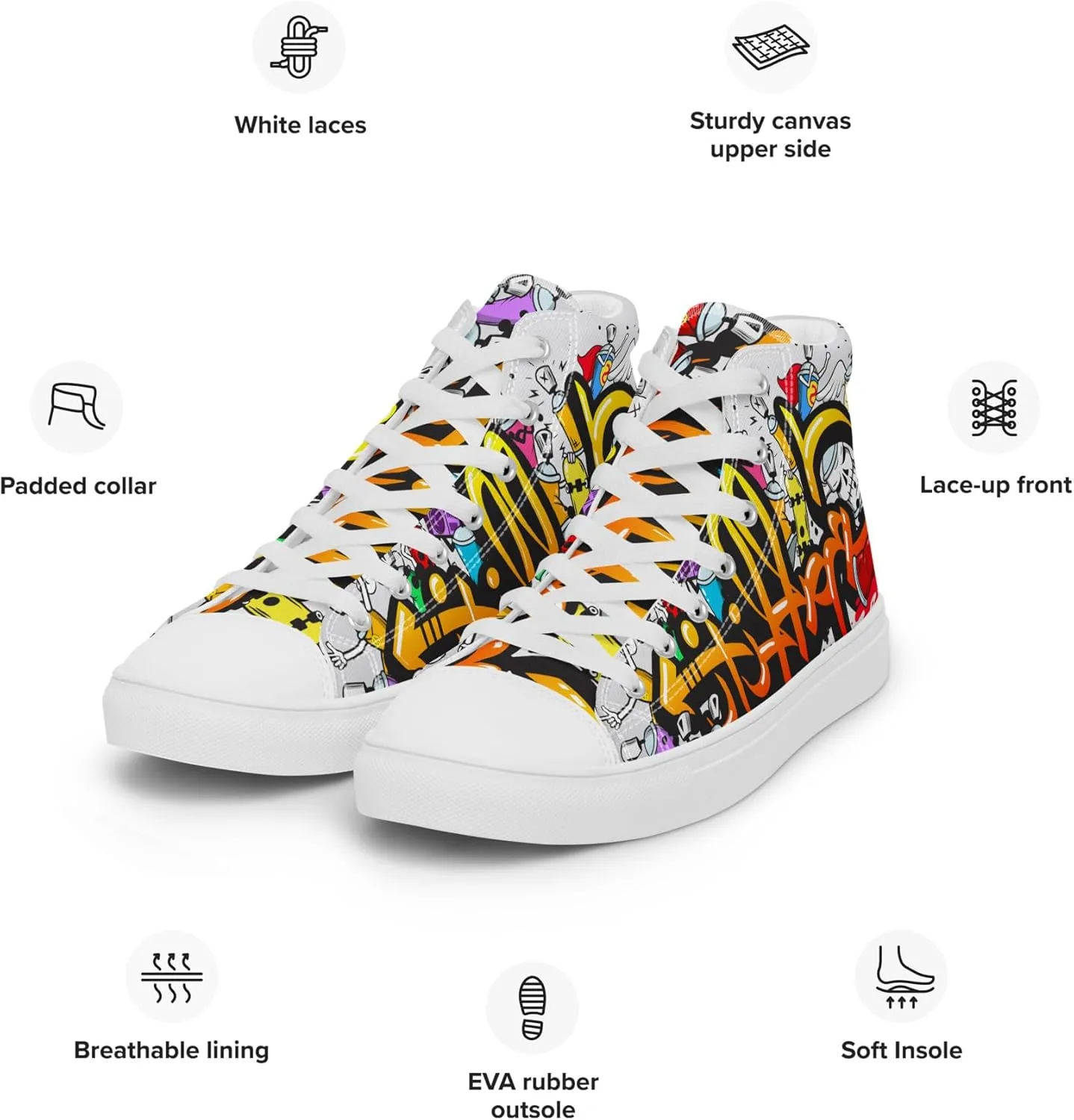 MindDesignStore Original - Men's High Top Canvas Graffiti Shoes, Casual Urban Style, 100% Polyester, Breathable Lining, Lace-Up, Shoes White/Black