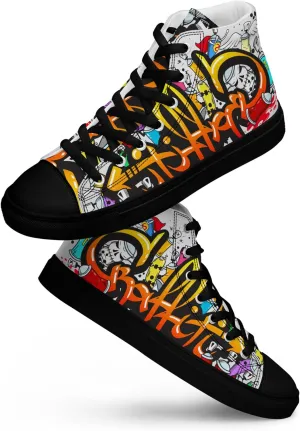 MindDesignStore Original - Men's High Top Canvas Graffiti Shoes, Casual Urban Style, 100% Polyester, Breathable Lining, Lace-Up, Shoes White/Black