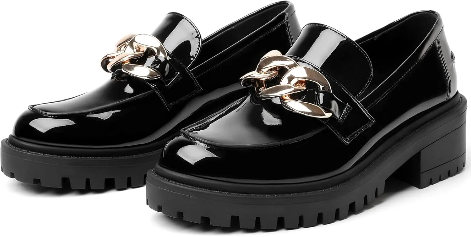 Mostrin Platform Loafers for Women with Chain Slip On Round Toe Chunky Loafer Shoes Penny Casual Lug Sole Business Shoes