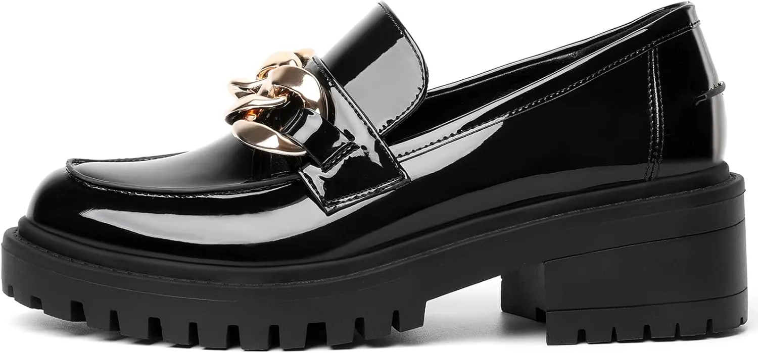 Mostrin Platform Loafers for Women with Chain Slip On Round Toe Chunky Loafer Shoes Penny Casual Lug Sole Business Shoes