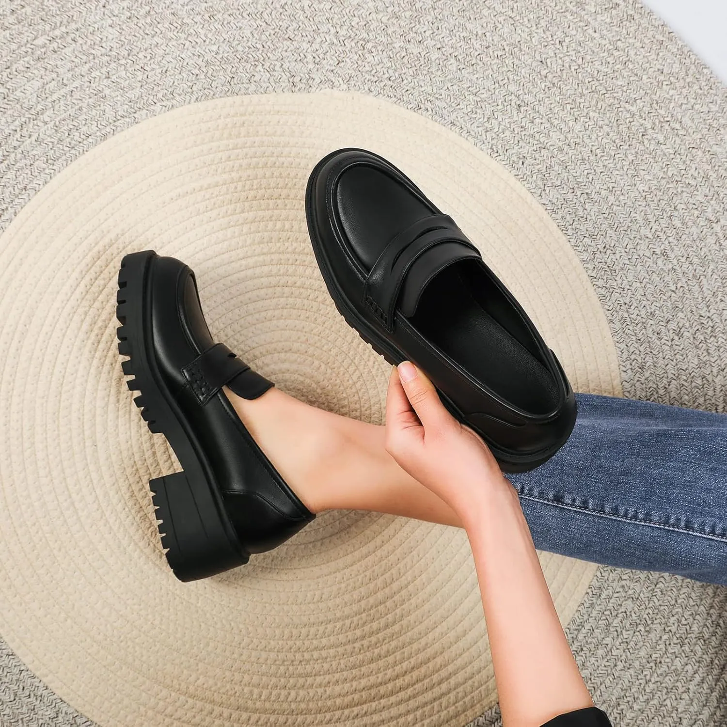 Mostrin Platform Loafers for Women with Chain Slip On Round Toe Chunky Loafer Shoes Penny Casual Lug Sole Business Shoes