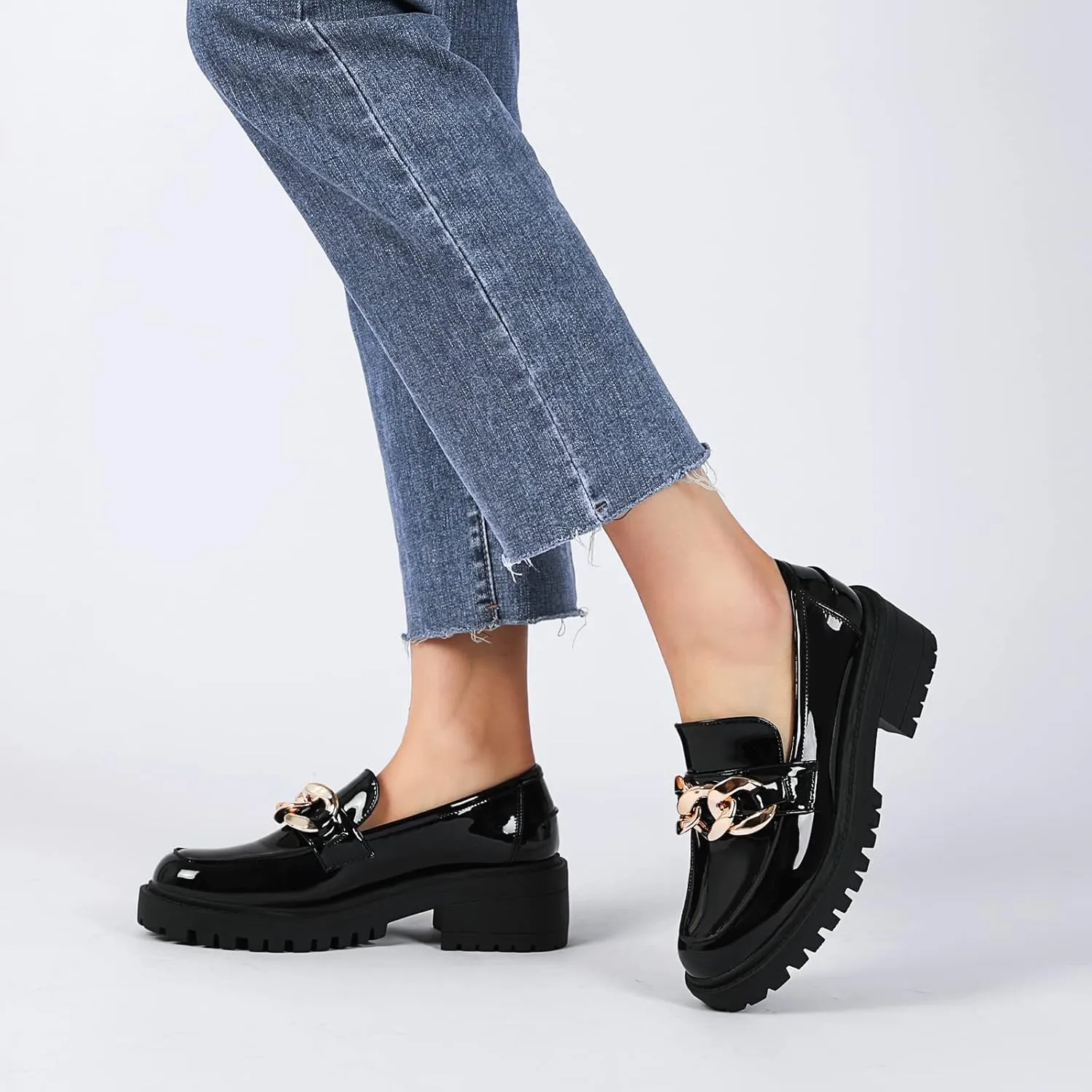 Mostrin Platform Loafers for Women with Chain Slip On Round Toe Chunky Loafer Shoes Penny Casual Lug Sole Business Shoes