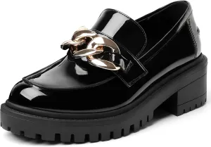 Mostrin Platform Loafers for Women with Chain Slip On Round Toe Chunky Loafer Shoes Penny Casual Lug Sole Business Shoes