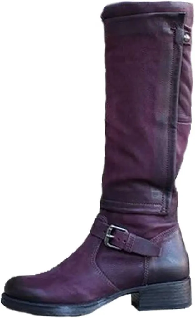 oiangi Boots for Women Knee High - Fashion Belt Buckle Side Zipper Chunky Low Heel Round Toe High Boots Solid Casual Comfortable Square Heel Shoes