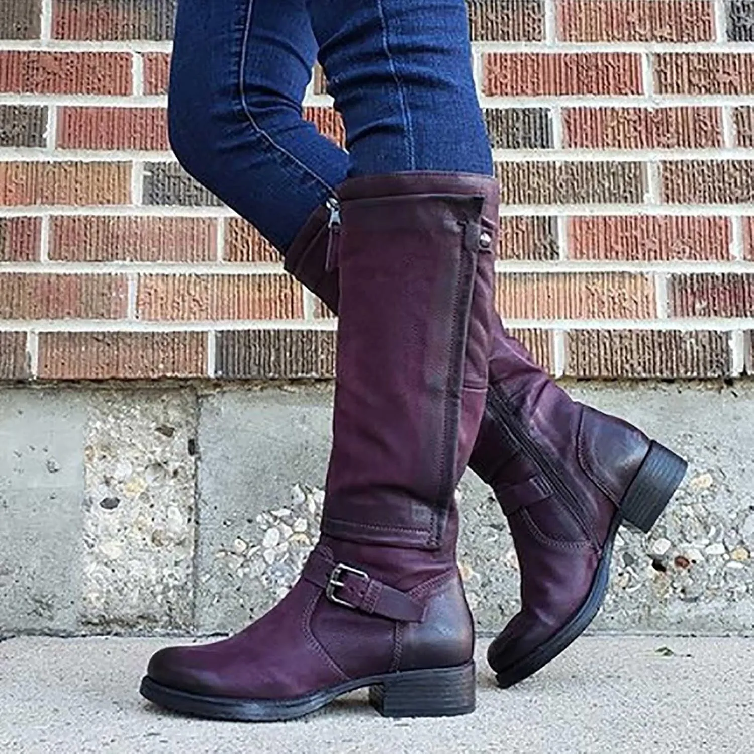 oiangi Boots for Women Knee High - Fashion Belt Buckle Side Zipper Chunky Low Heel Round Toe High Boots Solid Casual Comfortable Square Heel Shoes