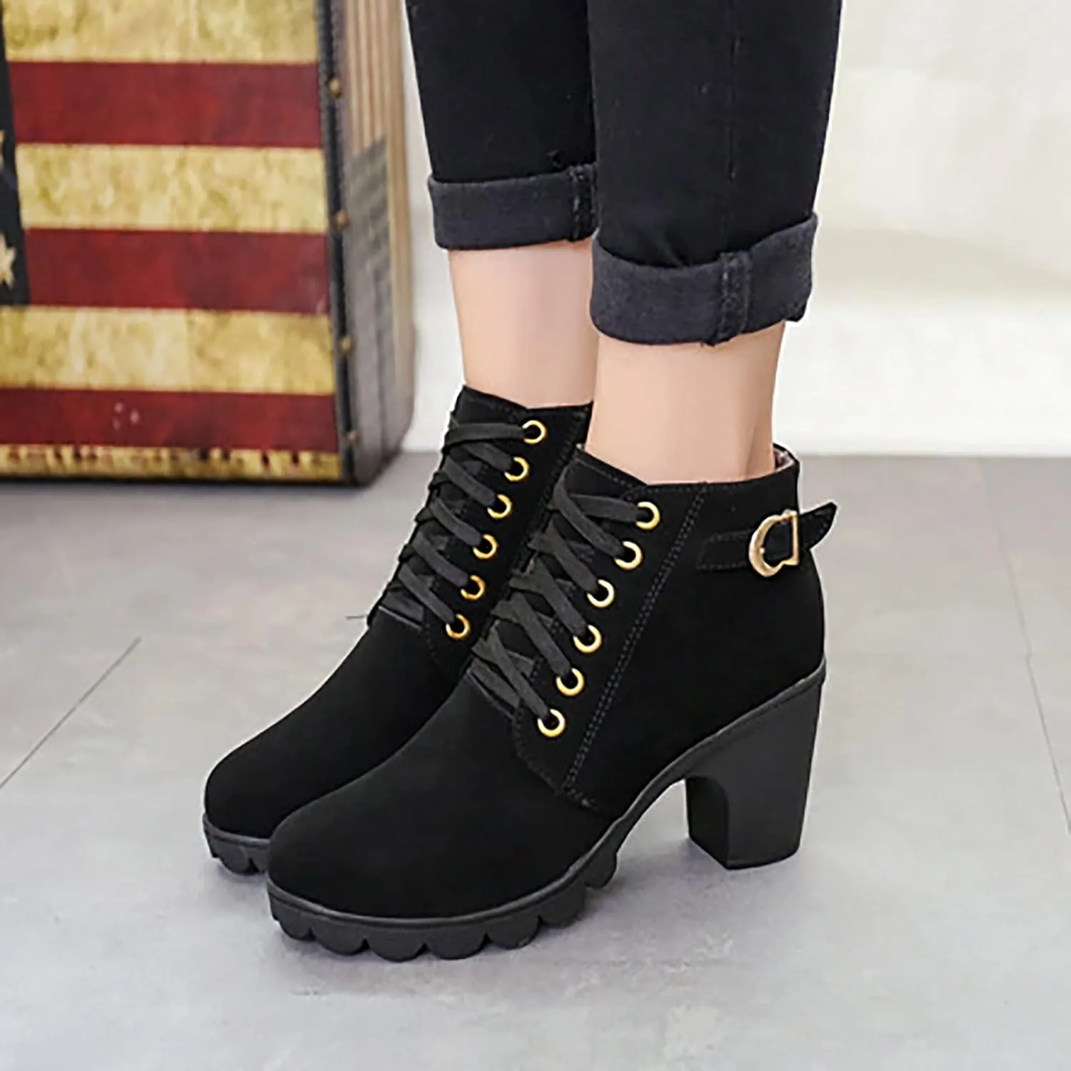 oiangi Womens Thick Heel Ankle Boots Fashion Lace Up Metal Buckle Round Toe Side Zipper High Heel Booties Winter Comfy Warm Ladies Leather Boots Shoes