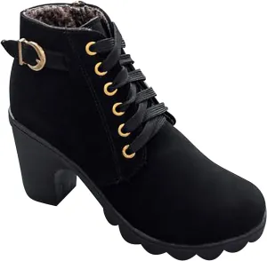 oiangi Womens Thick Heel Ankle Boots Fashion Lace Up Metal Buckle Round Toe Side Zipper High Heel Booties Winter Comfy Warm Ladies Leather Boots Shoes