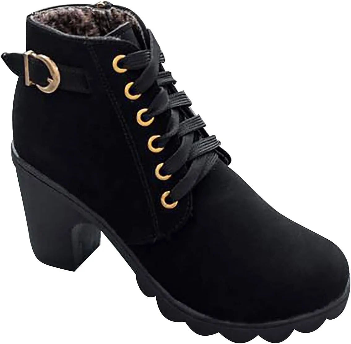 oiangi Womens Thick Heel Ankle Boots Fashion Lace Up Metal Buckle Round Toe Side Zipper High Heel Booties Winter Comfy Warm Ladies Leather Boots Shoes