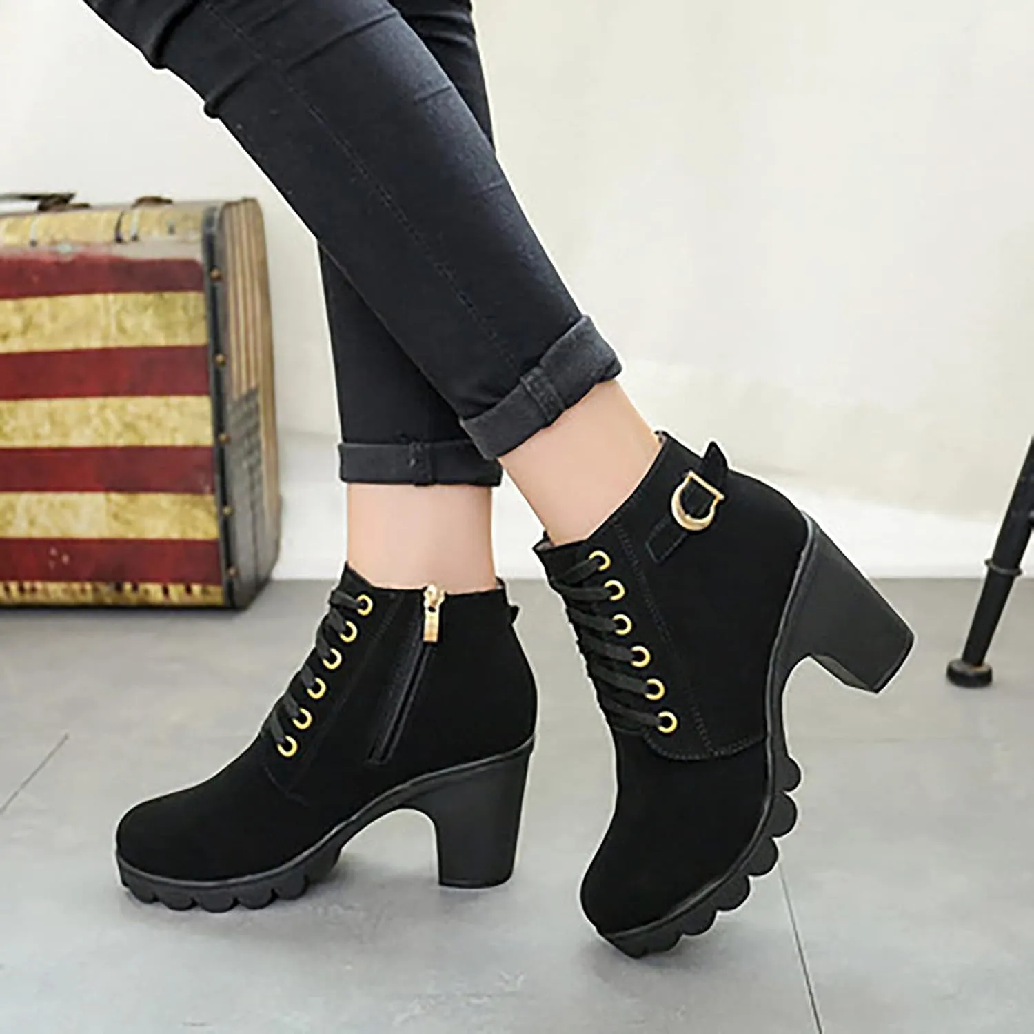 oiangi Womens Thick Heel Ankle Boots Fashion Lace Up Metal Buckle Round Toe Side Zipper High Heel Booties Winter Comfy Warm Ladies Leather Boots Shoes