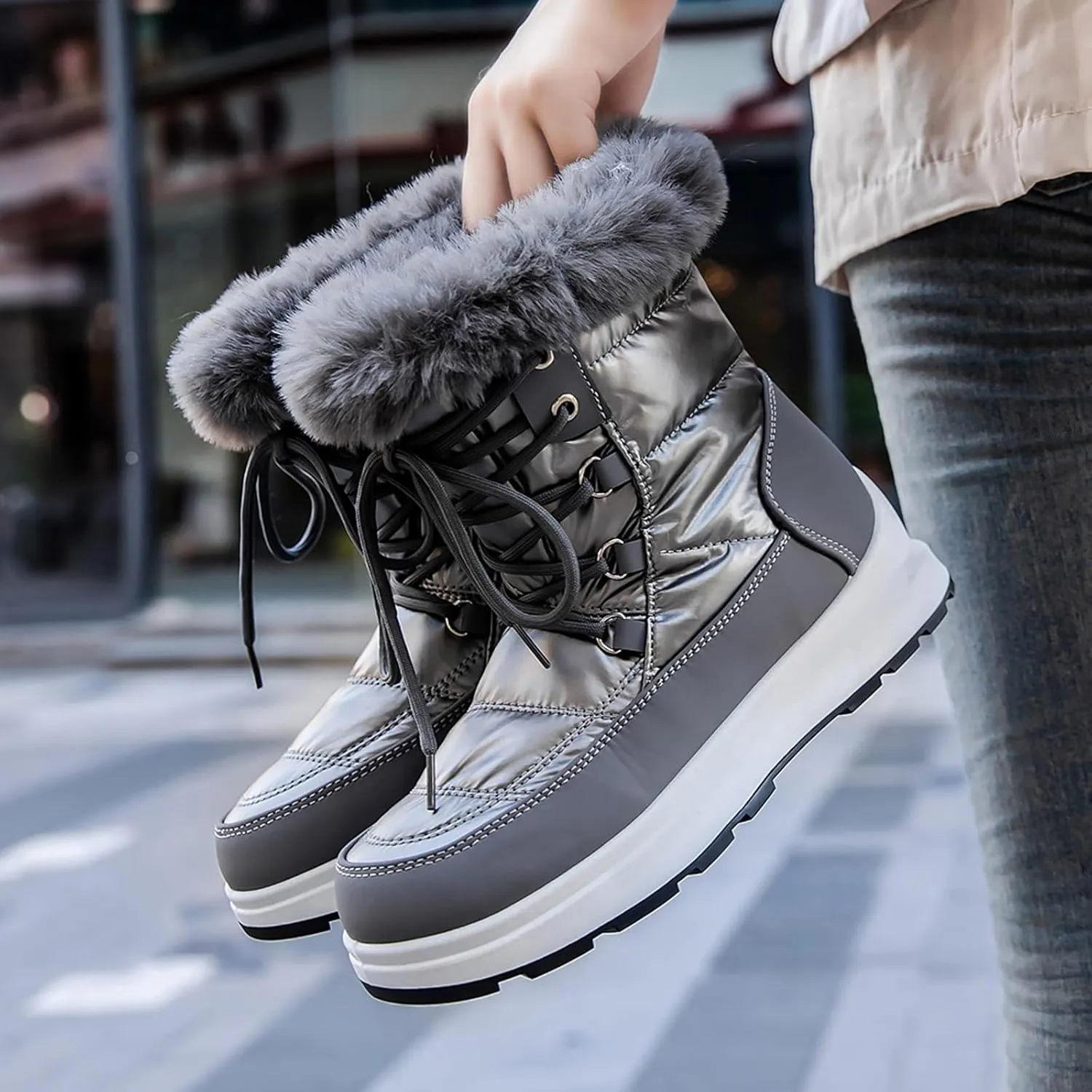 Platform Snow Boots Women Winter Boots for Women Casual Fashion Lace-up High Top Sneakers Warm Cozy Fleece Lined Cold Weather Boots Water-proof Anti-Slip Outdoor Shoes Mid Calf Boots