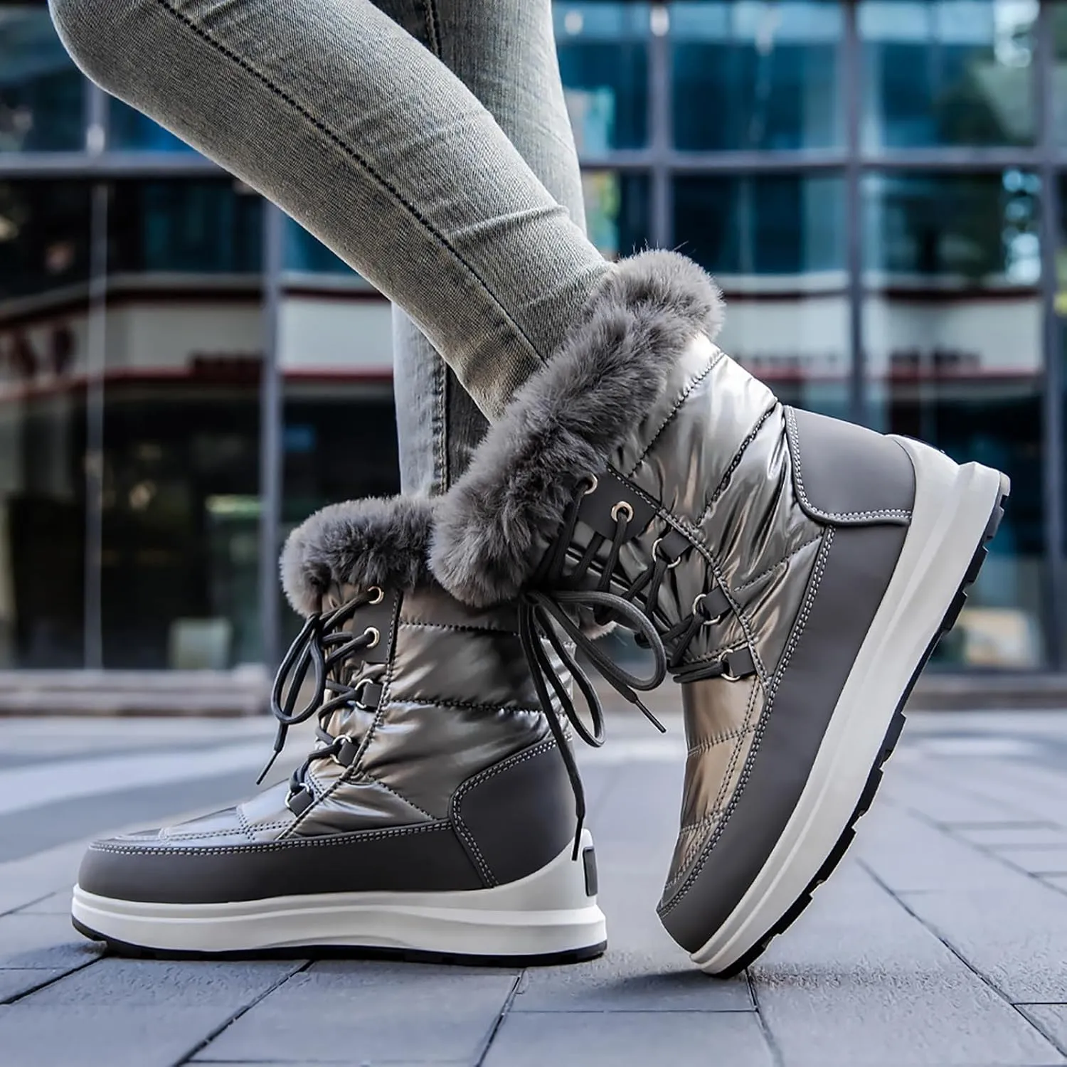 Platform Snow Boots Women Winter Boots for Women Casual Fashion Lace-up High Top Sneakers Warm Cozy Fleece Lined Cold Weather Boots Water-proof Anti-Slip Outdoor Shoes Mid Calf Boots