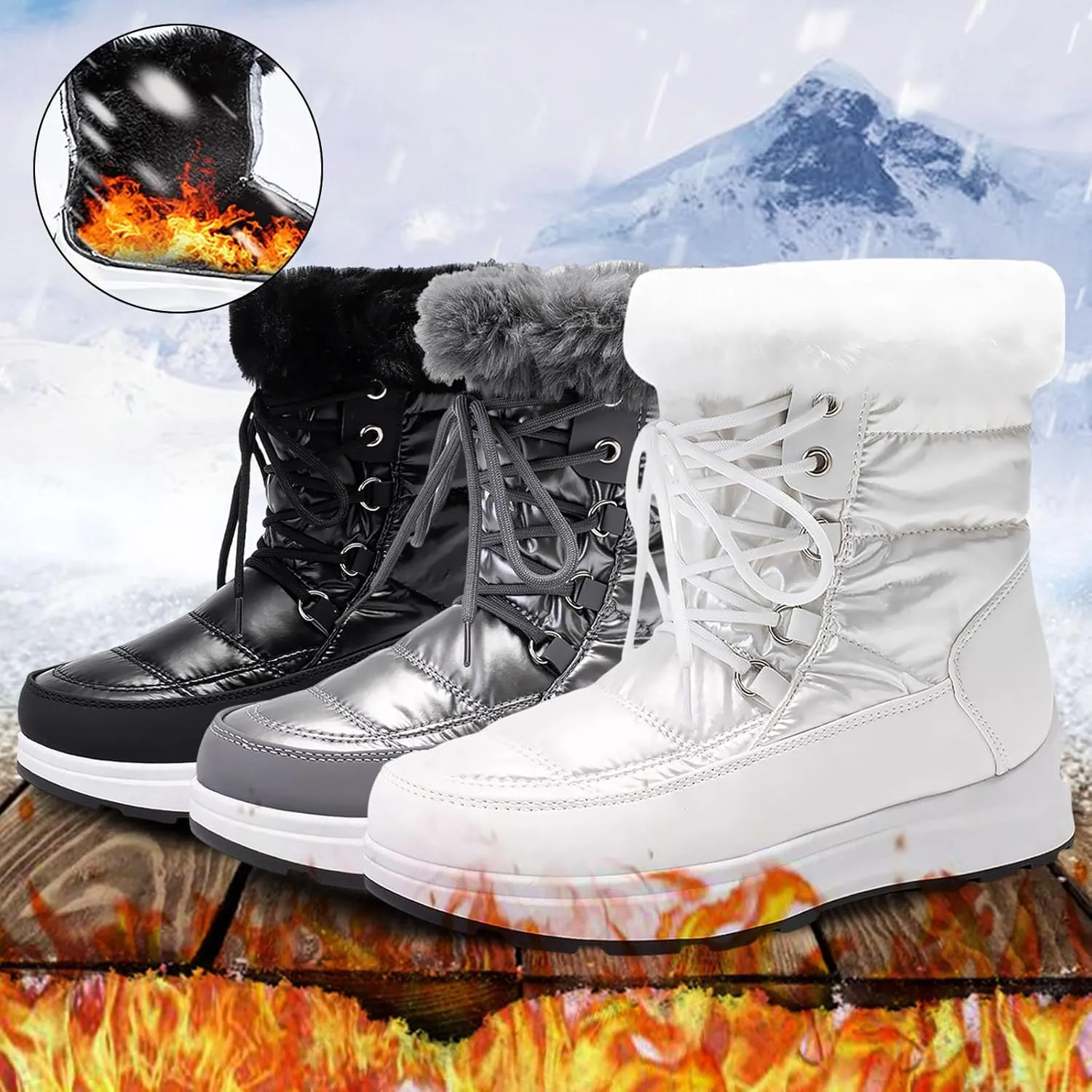 Platform Snow Boots Women Winter Boots for Women Casual Fashion Lace-up High Top Sneakers Warm Cozy Fleece Lined Cold Weather Boots Water-proof Anti-Slip Outdoor Shoes Mid Calf Boots