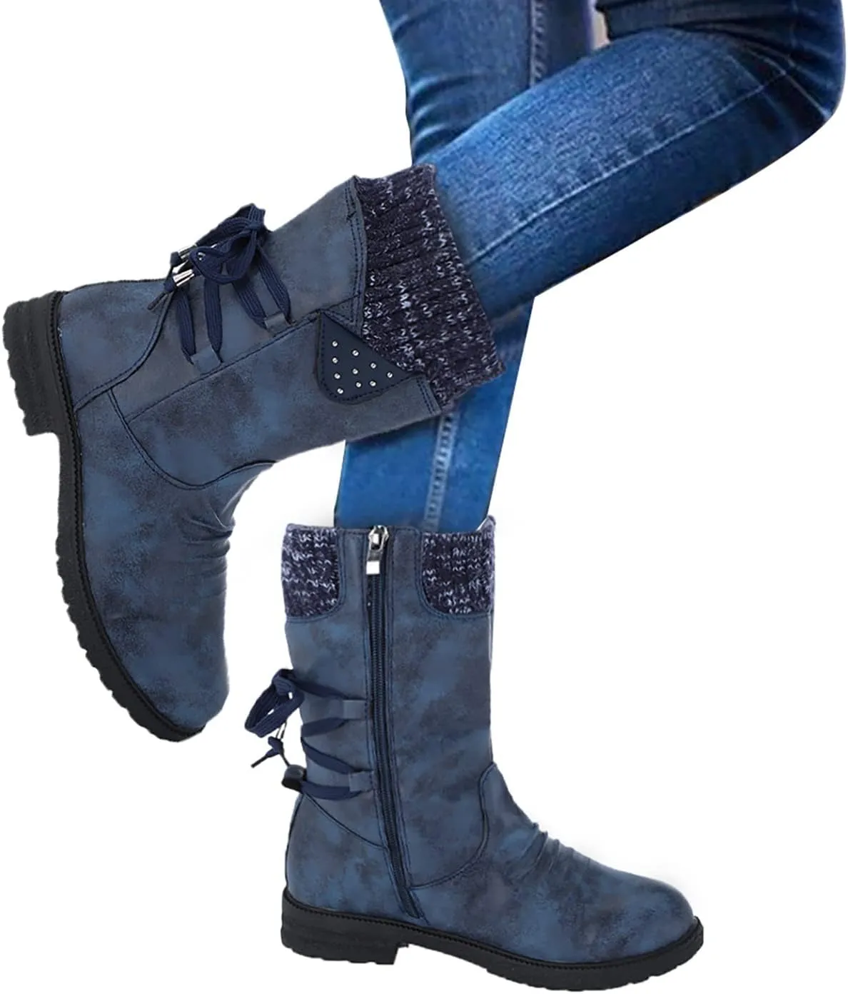 Snow Boots for Women Mid Calf Boots Women Vintage Casual Winter Working shoes Non-slip Lightweight Side Zipper Boots