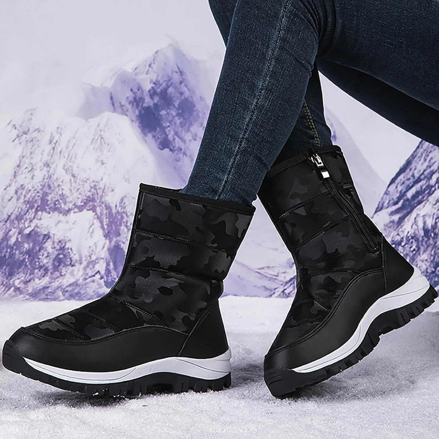 Snow Boots for Women Winter Shoes Water-proof Insulated Mid-Calf Booties Cold Weather Warm Fleece Lined Wide Outdoor Boot Platform Fashion High-Top Sneakers Comfortable Slip On Boots for Women