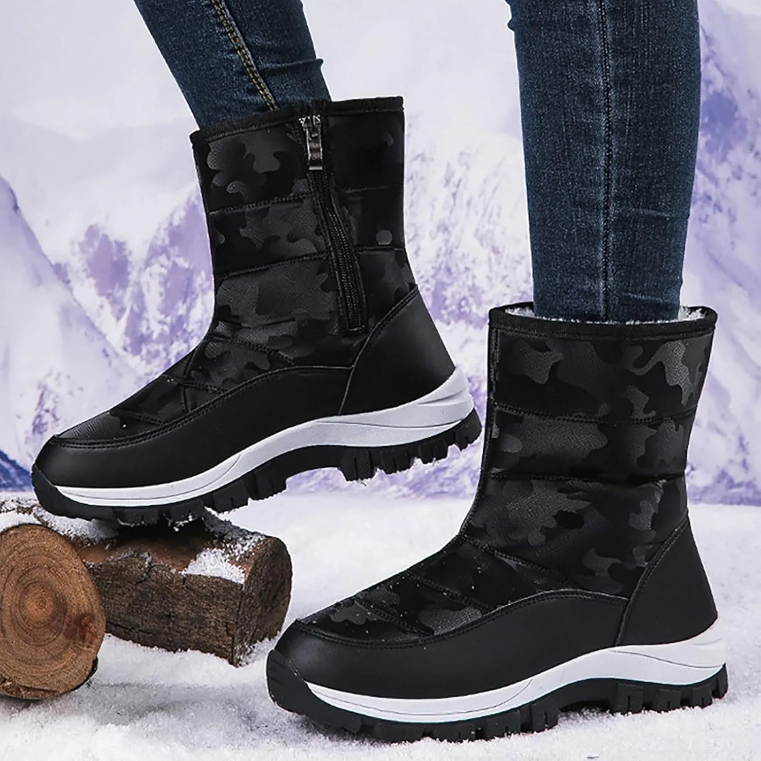 Snow Boots for Women Winter Shoes Water-proof Insulated Mid-Calf Booties Cold Weather Warm Fleece Lined Wide Outdoor Boot Platform Fashion High-Top Sneakers Comfortable Slip On Boots for Women