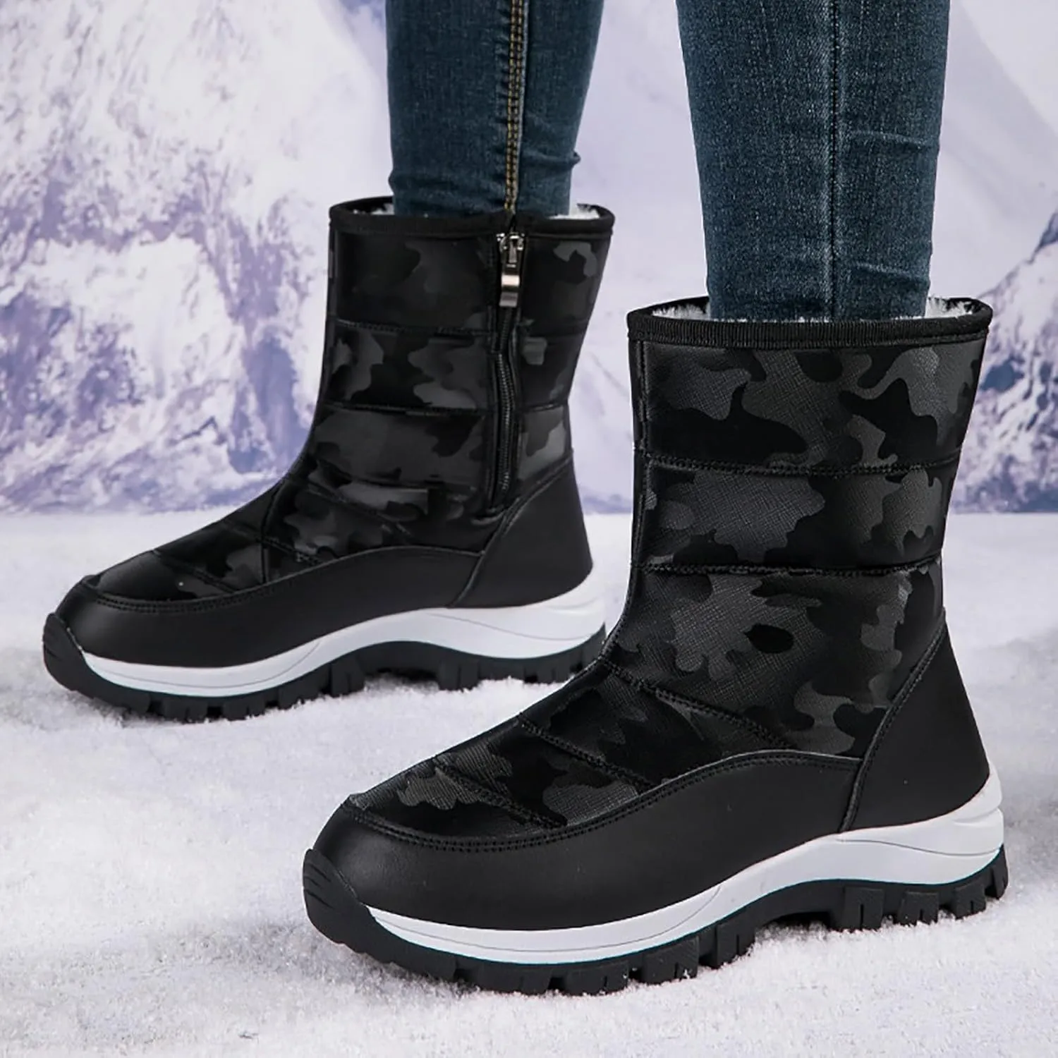 Snow Boots for Women Winter Shoes Water-proof Insulated Mid-Calf Booties Cold Weather Warm Fleece Lined Wide Outdoor Boot Platform Fashion High-Top Sneakers Comfortable Slip On Boots for Women