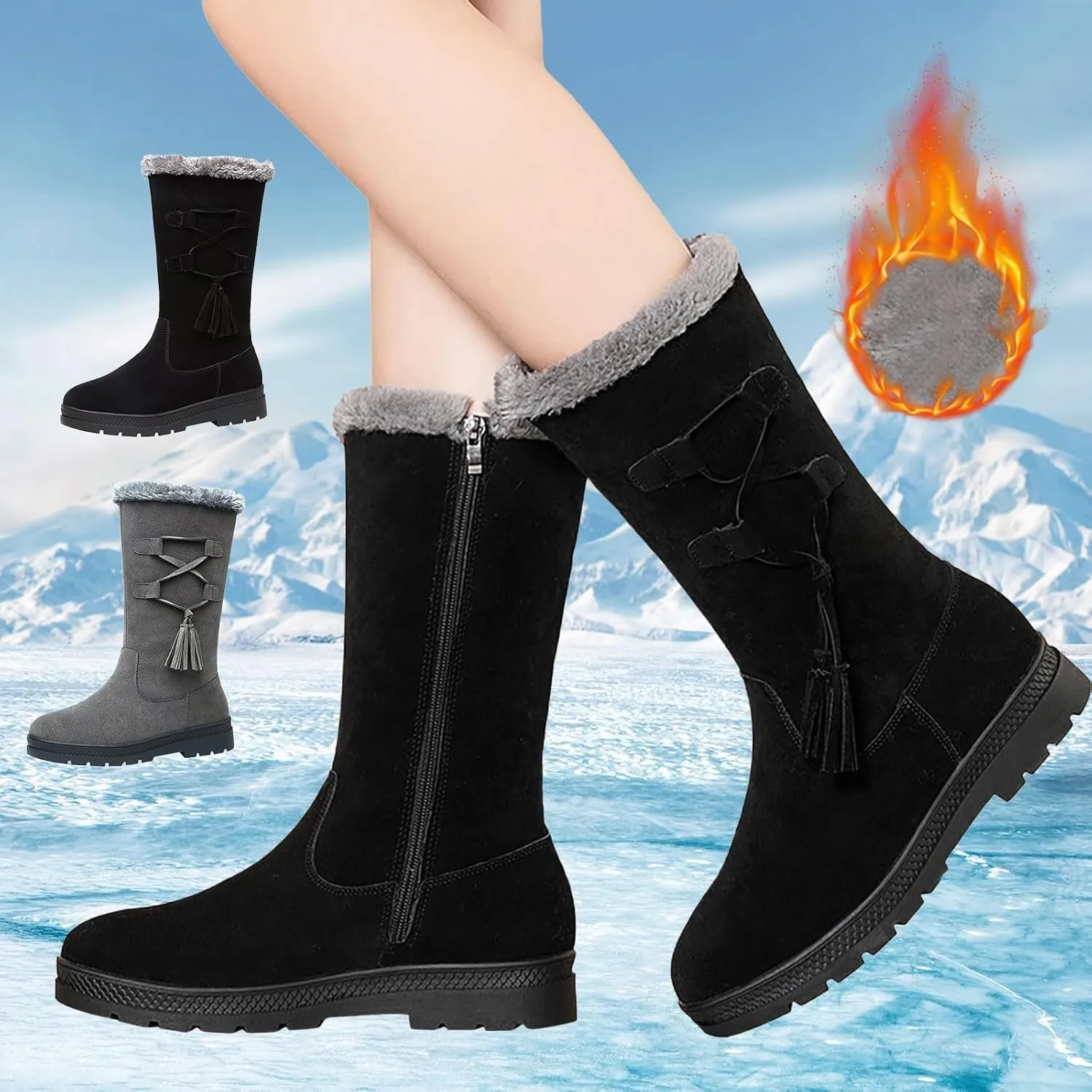 Snow Boots Women Winter Mid Calf Boots for Women Classic Round Toe Thick Bottom Platform Boots Warm Fleece Lined Outdoor Shoes Comfortable Pull On Cold-Weather Boots Work Boot with Fringe