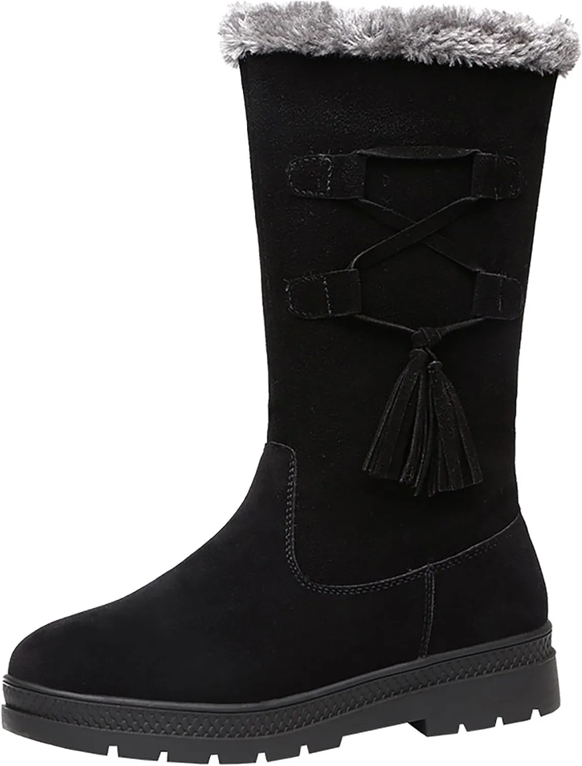 Snow Boots Women Winter Mid Calf Boots for Women Classic Round Toe Thick Bottom Platform Boots Warm Fleece Lined Outdoor Shoes Comfortable Pull On Cold-Weather Boots Work Boot with Fringe