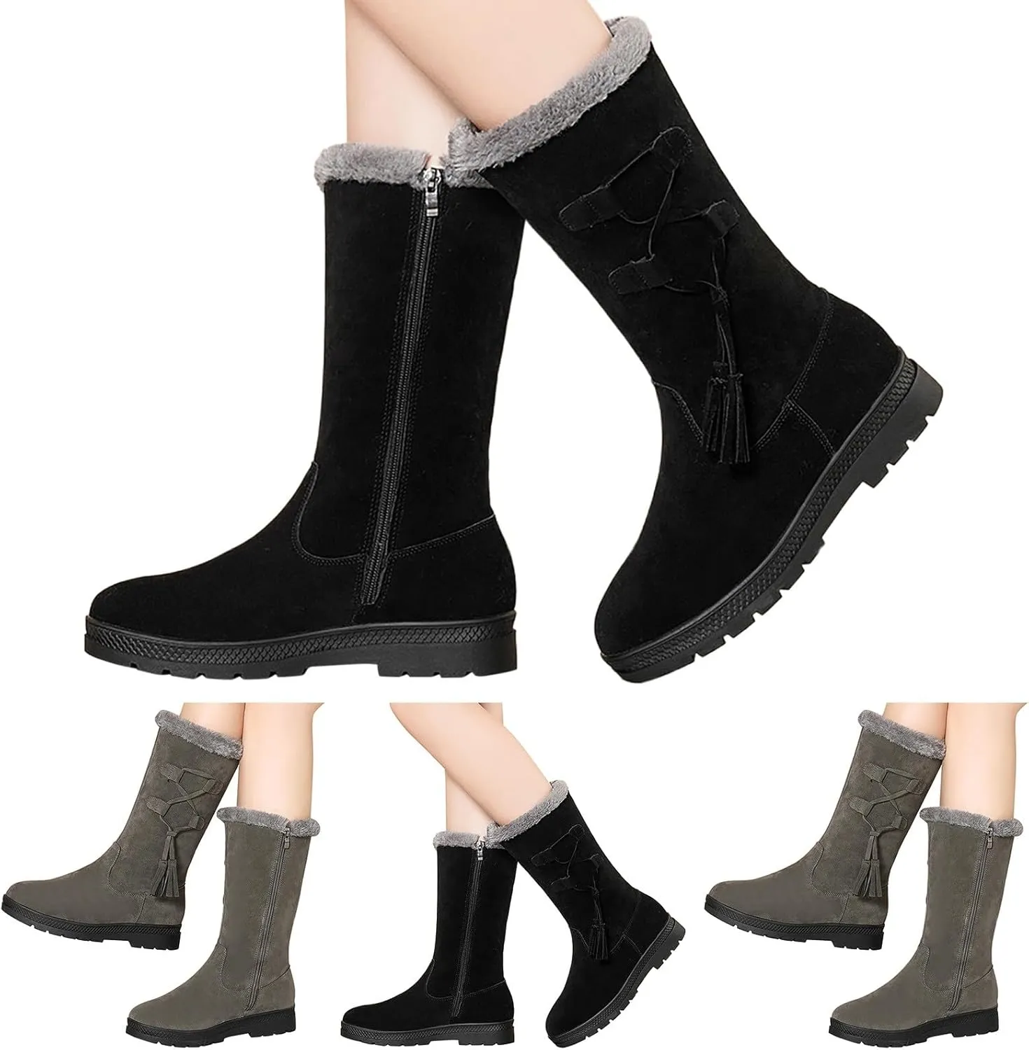 Snow Boots Women Winter Mid Calf Boots for Women Classic Round Toe Thick Bottom Platform Boots Warm Fleece Lined Outdoor Shoes Comfortable Pull On Cold-Weather Boots Work Boot with Fringe