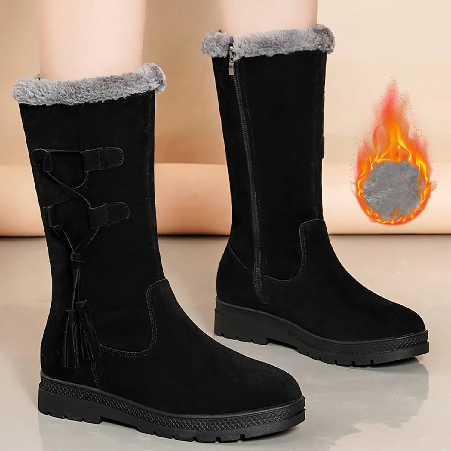 Snow Boots Women Winter Mid Calf Boots for Women Classic Round Toe Thick Bottom Platform Boots Warm Fleece Lined Outdoor Shoes Comfortable Pull On Cold-Weather Boots Work Boot with Fringe
