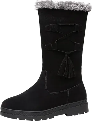 Snow Boots Women Winter Mid Calf Boots for Women Classic Round Toe Thick Bottom Platform Boots Warm Fleece Lined Outdoor Shoes Comfortable Pull On Cold-Weather Boots Work Boot with Fringe