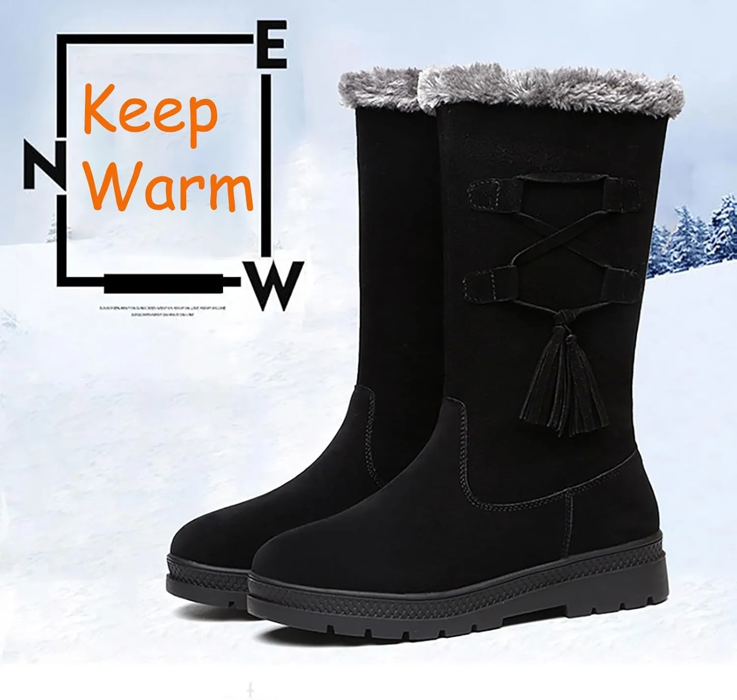 Snow Boots Women Winter Mid Calf Boots for Women Classic Round Toe Thick Bottom Platform Boots Warm Fleece Lined Outdoor Shoes Comfortable Pull On Cold-Weather Boots Work Boot with Fringe