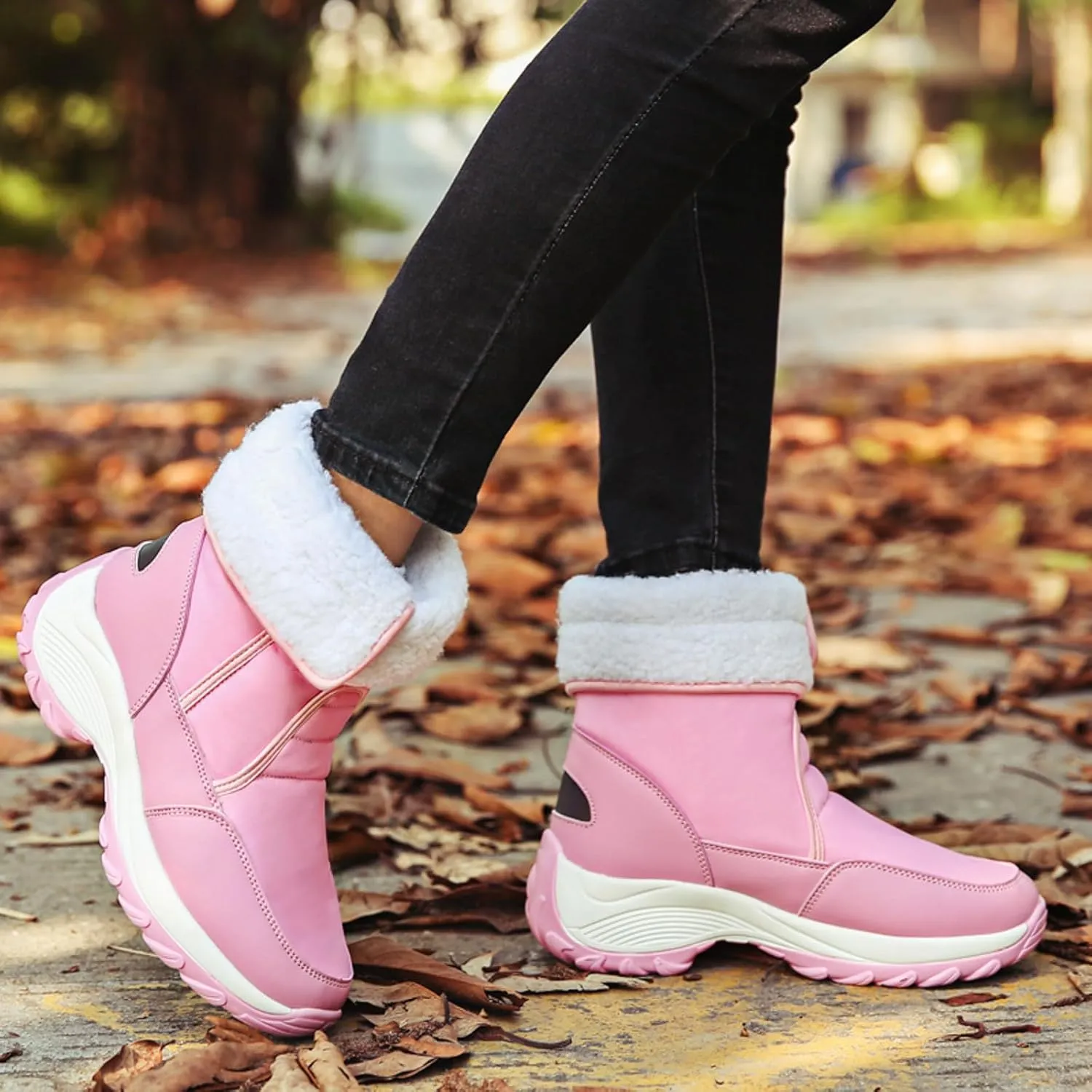 Snow Boots Women Winter Shoes Water-proof Insulated with Hook Loop Warm Fleece Lined Mid Calf Boots Anti Slip Ankle Boots Fashion Sneakers Outdoor Walking Shoes for Women Ladies Girls