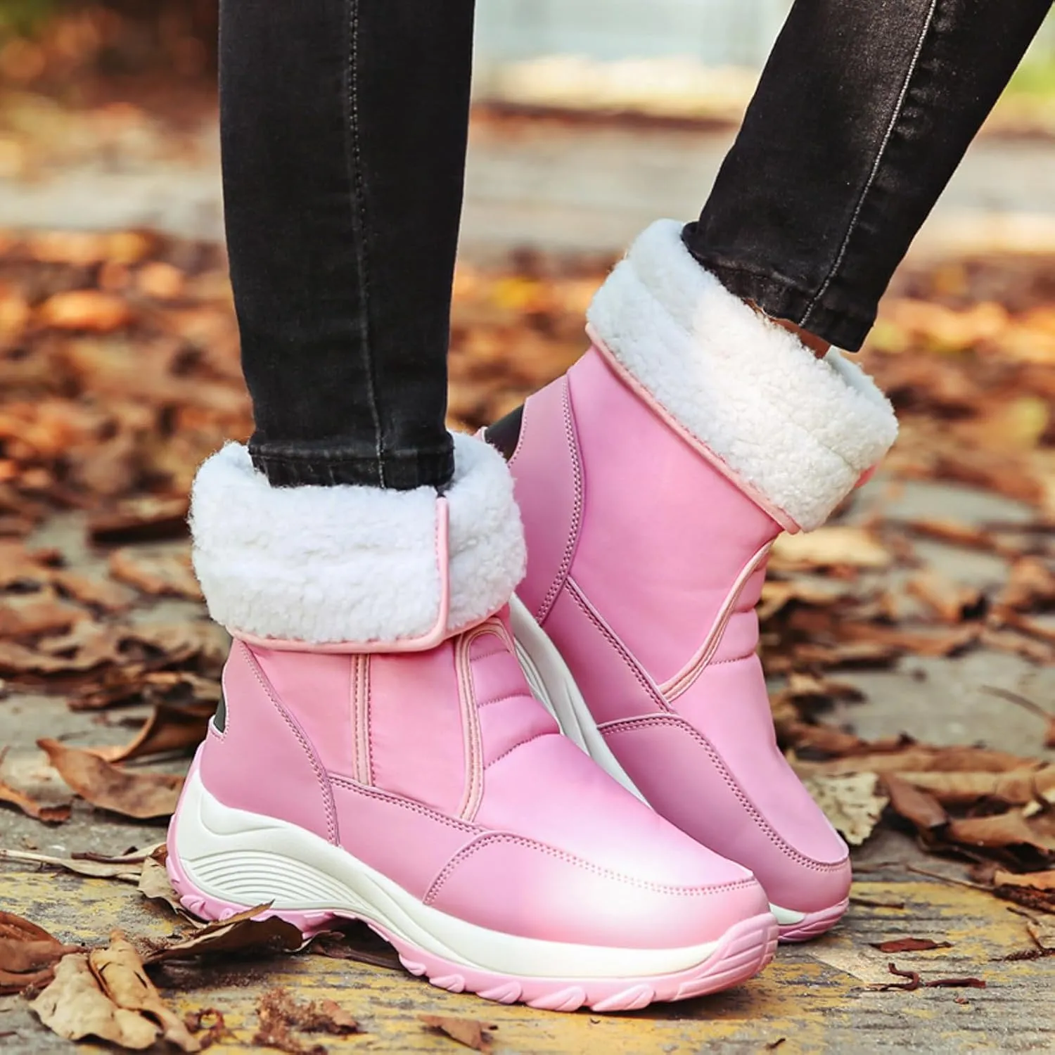 Snow Boots Women Winter Shoes Water-proof Insulated with Hook Loop Warm Fleece Lined Mid Calf Boots Anti Slip Ankle Boots Fashion Sneakers Outdoor Walking Shoes for Women Ladies Girls
