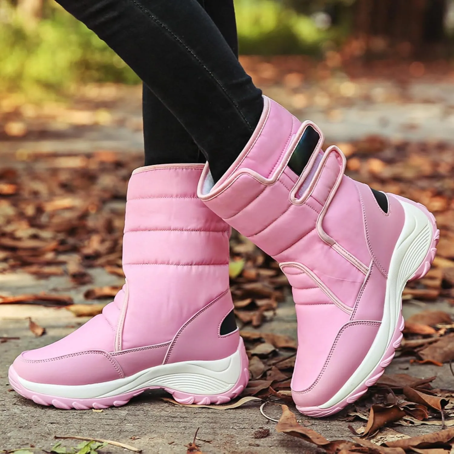 Snow Boots Women Winter Shoes Water-proof Insulated with Hook Loop Warm Fleece Lined Mid Calf Boots Anti Slip Ankle Boots Fashion Sneakers Outdoor Walking Shoes for Women Ladies Girls