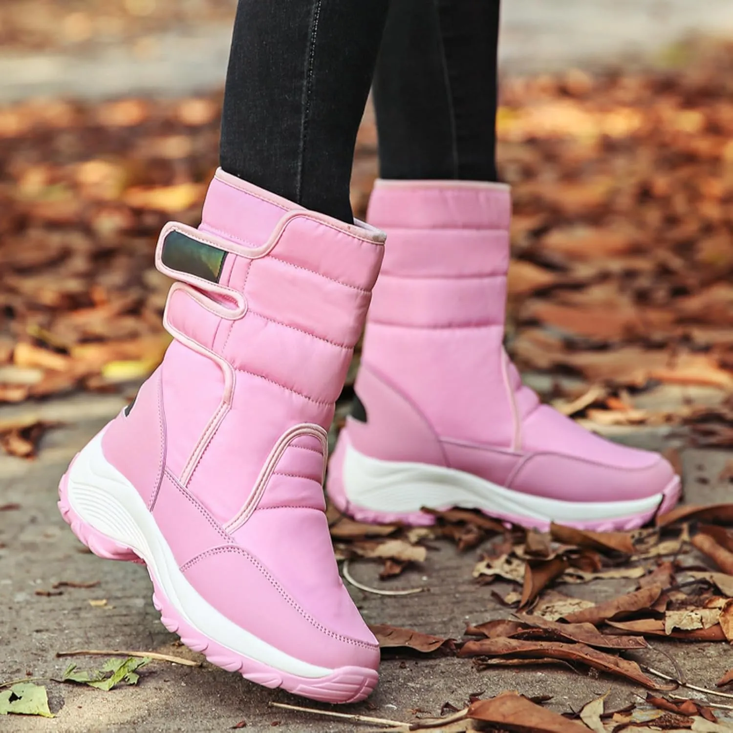 Snow Boots Women Winter Shoes Water-proof Insulated with Hook Loop Warm Fleece Lined Mid Calf Boots Anti Slip Ankle Boots Fashion Sneakers Outdoor Walking Shoes for Women Ladies Girls
