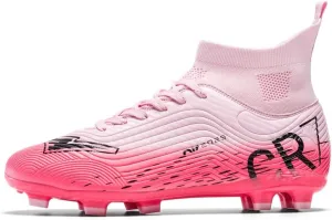 Soccer Cleats, High Top Athletic Shoes, Professional Training Spikes, Pink, Non-Slip Rubber Sole
