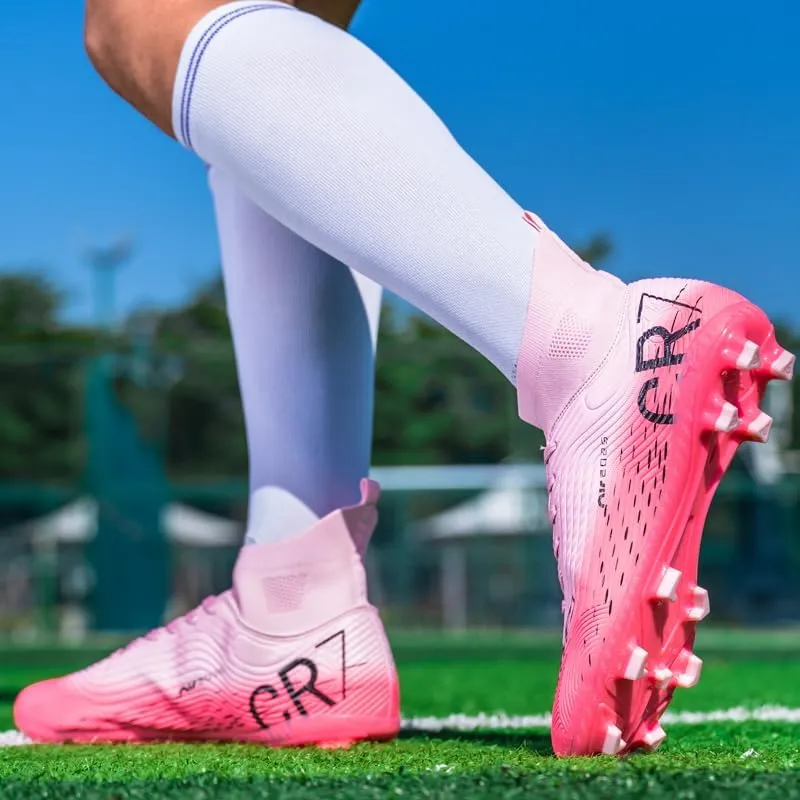 Soccer Cleats, High Top Athletic Shoes, Professional Training Spikes, Pink, Non-Slip Rubber Sole